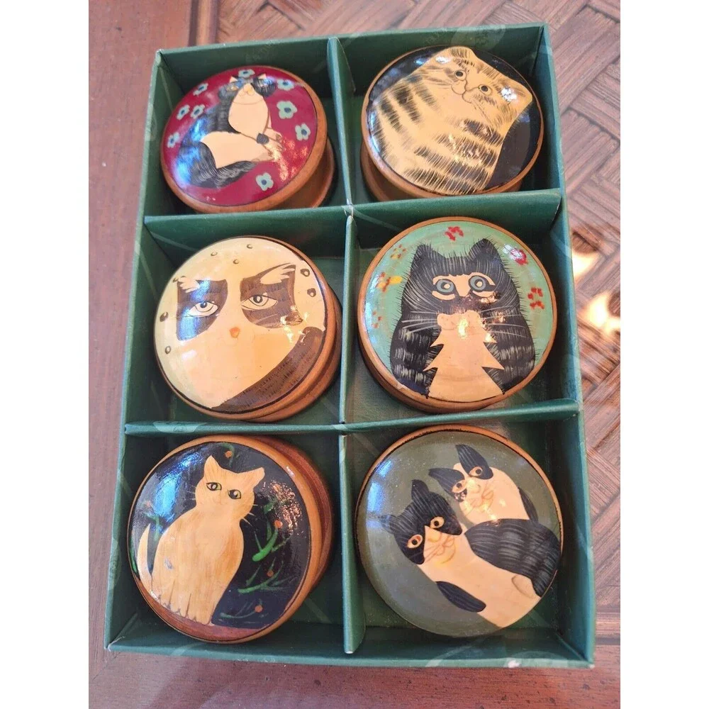 Hand Painted Wooden Cat Trinket Boxes Set of 6 Boxed Vintage Authentic Models
